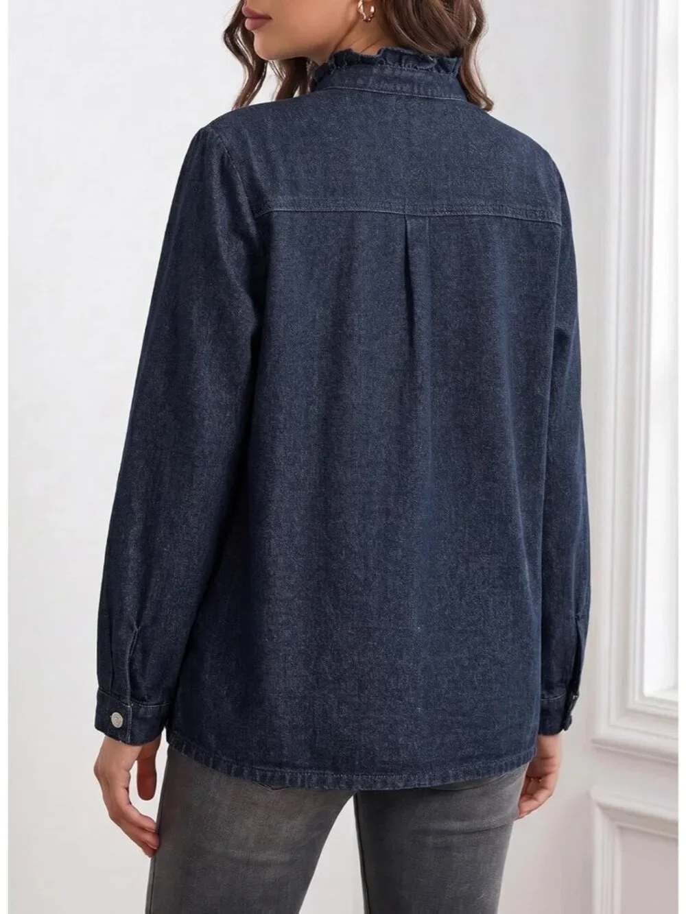 Women's Sail Blue Button Down Ruffle Casual Oversized Cropped Jacket with Pocket